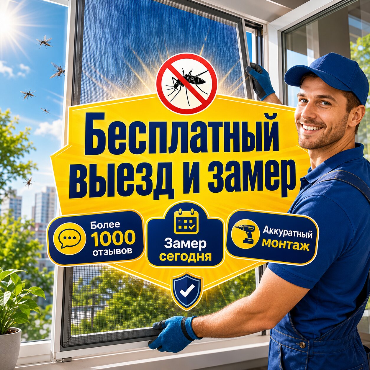 Иллюстративное рекламное изображение с москитной сеткой и предложением бесплатного выезда и замера