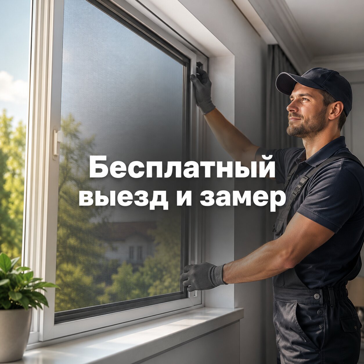 Иллюстративное рекламное изображение монтажника у окна с предложением бесплатного выезда и замера